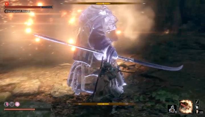 Throw Shinobi Firecracker and then immediately move behind the bosss back - Corrupted Monk | Sekiro Shadows Die Twice Boss Fight - Bosses - Sekiro Guide and Walkthrough