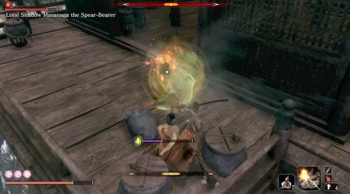 In this case, the attack the boss is green when it carries the risk of poisoning - Lone Shadow Masanaga | Sekiro Shadows Die Twice Boss Fight - Bosses - Sekiro Guide and Walkthrough