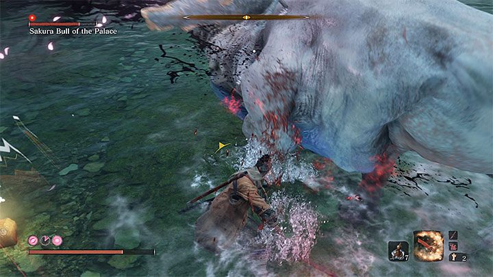 The strategy is the same - you can run around the mini-boss or block its charges with your katana - Sakura Bull of the Palace | Sekiro Shadows Die Twice Boss Fight - Bosses - Sekiro Guide and Walkthrough