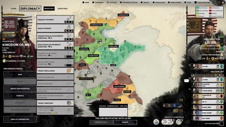 Po klikniÄciu NEGOTIATE wyÅwietli siÄ lista wszystkich dostÄpnych opcji dyplomatycznych i handlowych. - Dyplomacja i handel w Total War Three Kingdoms - Total War Three Kingdoms - poradnik do gry