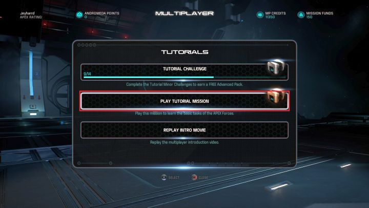 The APEX tutorial mission selection screen. - How to unlock the APEX trophy in Mass Effect: Andromeda? - Achievements / Trophies - Mass Effect: Andromeda Game Guide