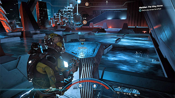 The second relay is located in the eastern part of the room, but you have to wade through the southern part to reach it - How to defeat the final boss in the heart of Meridian? | Boss fights | Walkthrough - Boss battles - Mass Effect: Andromeda Game Guide