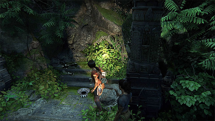 You will find the first treasure in this chapter soon after you have used the rotary mechanism in the ruins, where there has been a big battle and after you have taken the newly-unlocked passage into the underground - Secrets in The Gatekeeper chapter | Secrets - Secrets - Uncharted: The Lost Legacy Game Guide