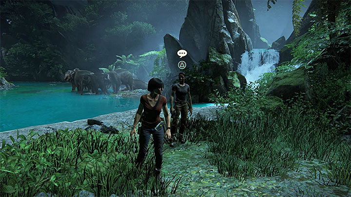 The conversation with Nadine takes place inside the large cave with elephants - Secrets in The Gatekeeper chapter | Secrets - Secrets - Uncharted: The Lost Legacy Game Guide