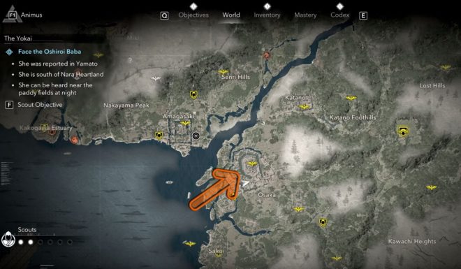 Расположение замка Осака на карте провинции Идзуми-Сэнцу в Assassin’s Creed Shadows