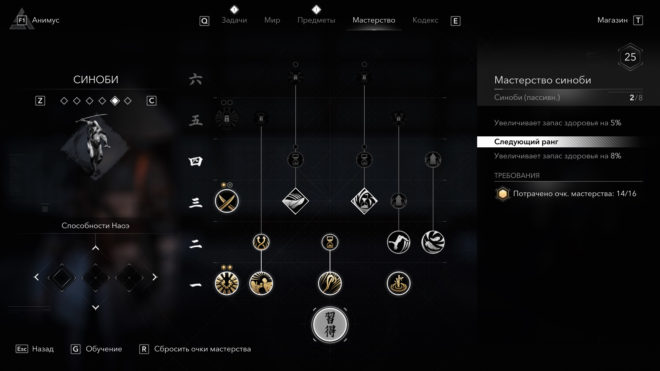 Ветка «Синоби» в древе умений (Мастерства) Наоэ в Assassin's Creed Shadows