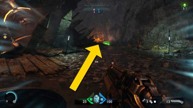 Расположение шестого секрета в главе 1 «Деревня Халим» игры DOOM: The Dark Ages.