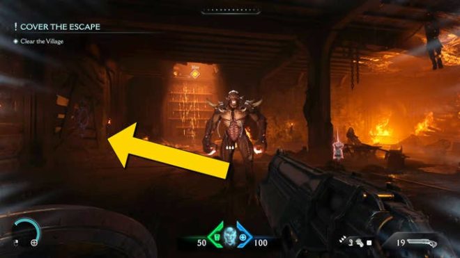 Расположение первого секрета в главе 1 «Деревня Халим» игры DOOM: The Dark Ages.