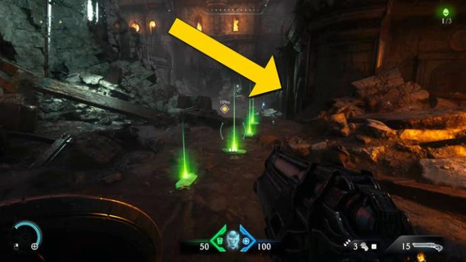 Расположение второго секрета в главе 1 «Деревня Халим» игры DOOM: The Dark Ages.