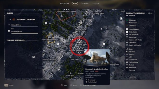 A map image showing the location of the Dam Battlegrounds tripod in Eyes in the Skies