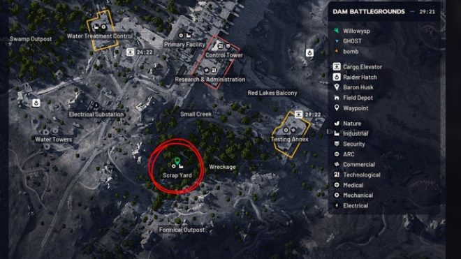 An image of the Arc Raiders map showing the Scrap Yard in the Dam Battlegrounds