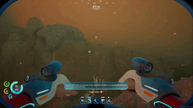 The player's HUD displaying a red temperature warning arc indicating rising heat levels