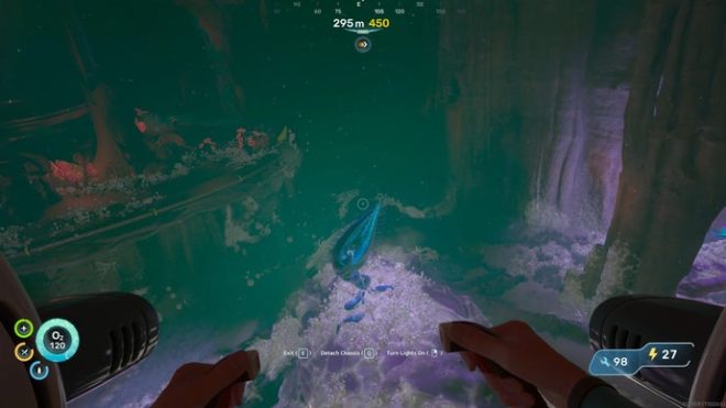 The player in Subnautica 2 approaches the second Bloom Site in the Karakorum region, where a Bloom Node is surrounded by destroyable Bloom Cankers.