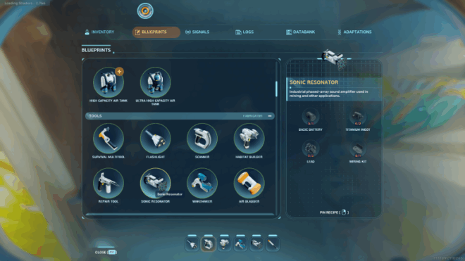A PDA menu screen showing off various Blueprints that the player has unlocked so far