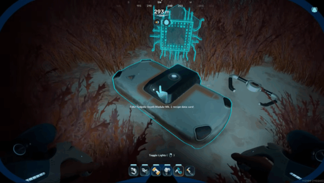 The Depth Module Mk. I recipe data card located on the seabed in Subnautica 2