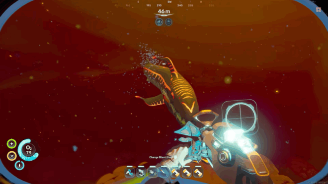 A shark-like Marrowbreach predator circling in the Coral Gardens biome