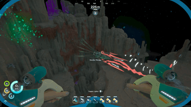 A large Needler Mango predator swimming near the Alien Ruins Research Outpost