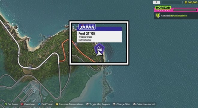 The Ford GT '05 location on the Forza Horizon 6 map.