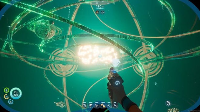 The player in Subnautica 2 uses their Bioscanner to scan the large Orrery in the centre of the room beyond the Observatory Axum Door.