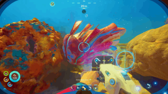 An armored Hammerhead creature swimming aggressively in the starting shallows area