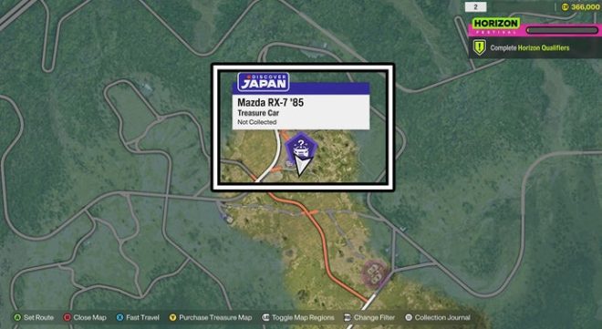 The Mazda RX-7 '85 location on the Forza Horizon 6 map.