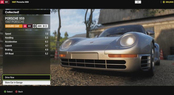 The Porsche 959 stats in Forza Horizon 6.