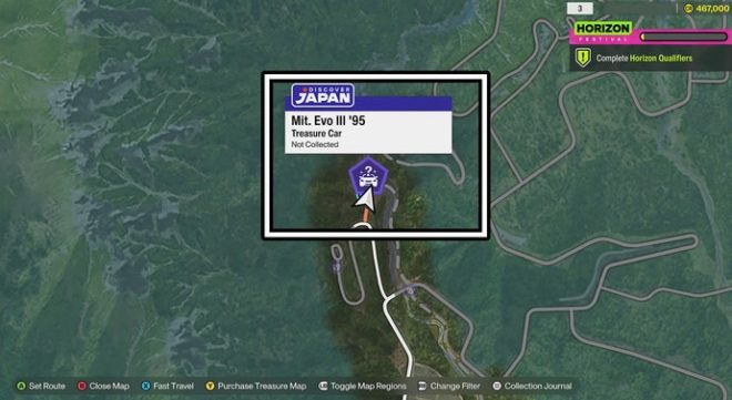 The Mit. Evo III '85 location on the Forza Horizon 6 map.
