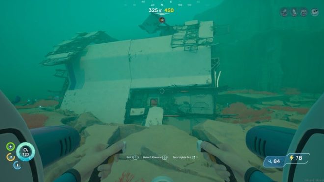 The player in Subnautica 2 approaches a large piece of Cicada Wreckage, below which the third Bloom Site in the Karakorum region can be found.