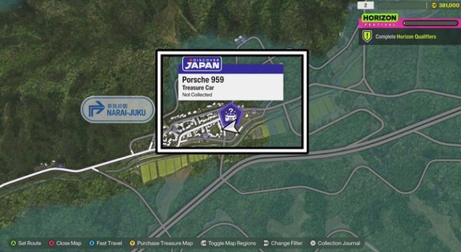 The Porsche 959 location on the Forza Horizon 6 map.