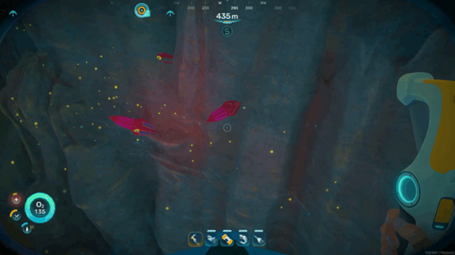 A small Bullethead predator swimming near the tall rock formations in the Karakorum biome