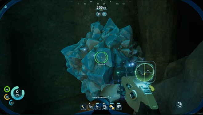 A glowing blue Celestine crystal cluster attached to a rock wall in the Alien Ruins biome in Subnautica 2