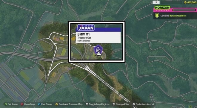 The BMW M1 location on the Forza Horizon 6 map.