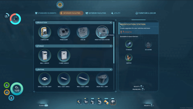 The crafting recipe requirements for the Modification Station displayed on the habitat builder menu in Subnautica 2