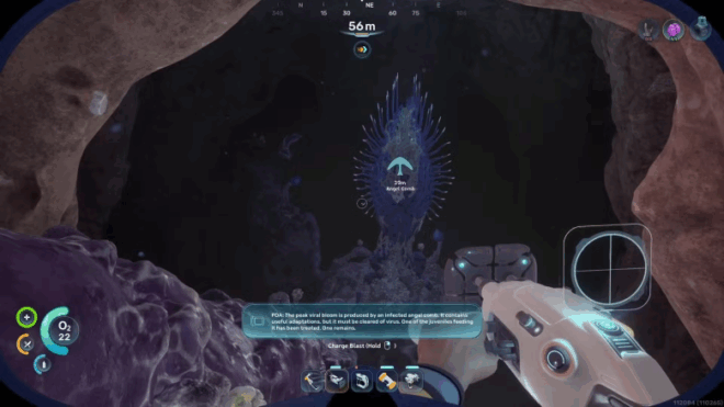 A large alien Angel Comb plant structure glowing pink in an underwater cave