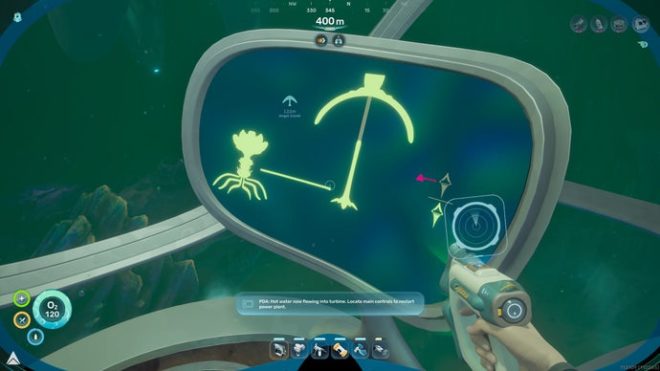 The player in Subnautica 2 looks at a now-readable alien Axum terminal inside the Lower Control Room, outside the Karakorum Power Plant.