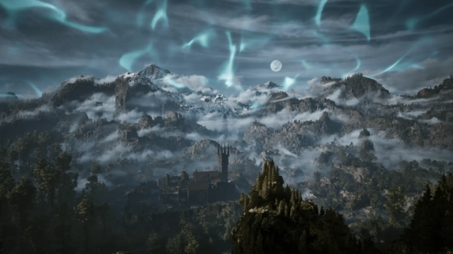A sprawling view of the Valley of Mines in Gothic 1 Remake, featuring a castle surrounded by thick fog and a glowing blue magical barrier in the sky.