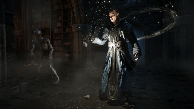 The hero engages in combat within the Old Camp in Gothic 1 Remake