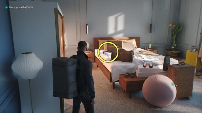 A screenshot from 007 First Light, showing the location of Cressida's dress box in A New Home.