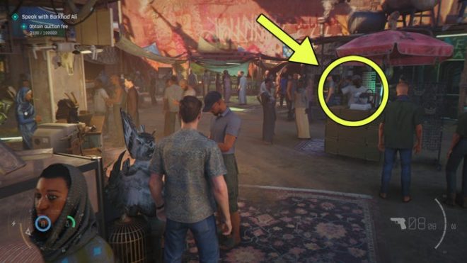 A screenshot of 007 First Light, showing the location of the vendor you buy the Pirate Grillz from.