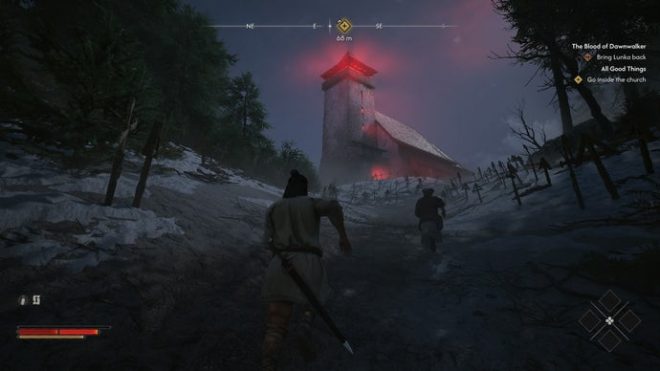 Coen approaches the church with Lunka in The Blood of Dawnwalker.