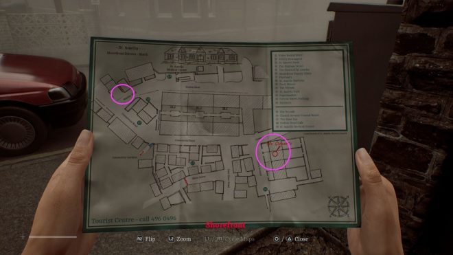 The circle on the bottom is Mr. Stewart's house, and the northwest one is where the telephone booth waits (Image via Konami || Sportskeeda)