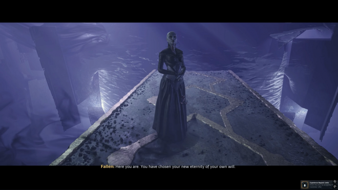Image showing a Cenobite standing on a stone platform in the Labyrinth as the Experience Beyond Limits achievement unlocks in Hellraiser: Revival